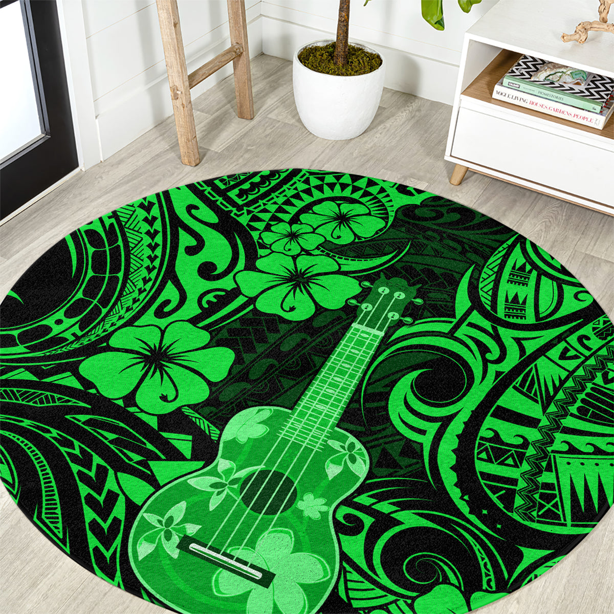 Green round ukulele carpet with bold Polynesian-style floral and tribal motifs