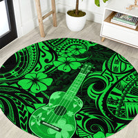Green round ukulele carpet with bold Polynesian-style floral and tribal motifs