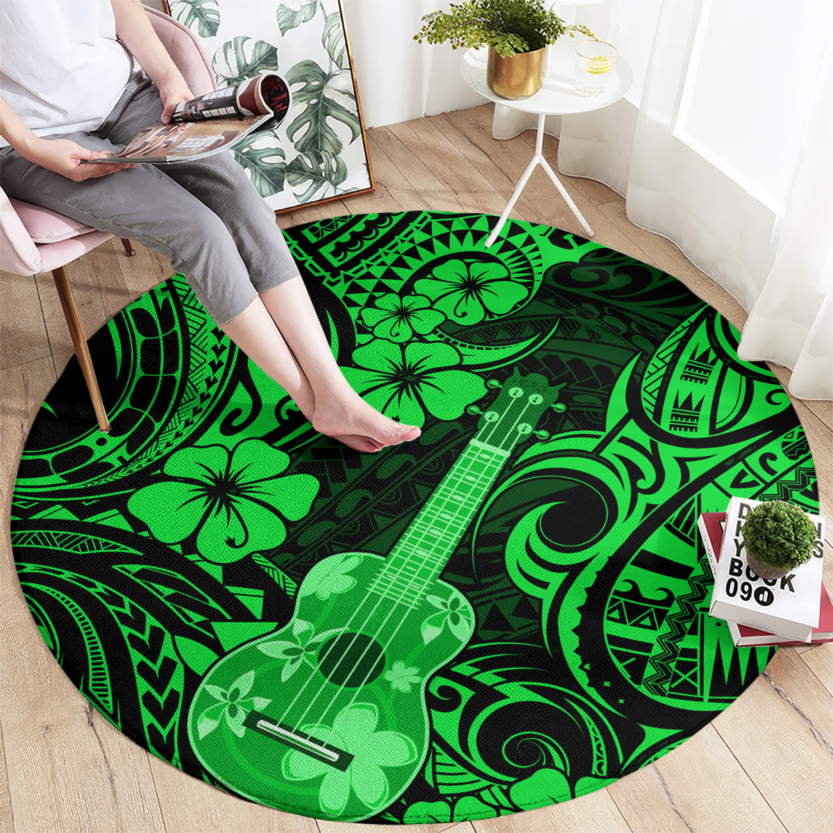 Green round carpet with large ukulele print and swirling tribal Polynesian pattern