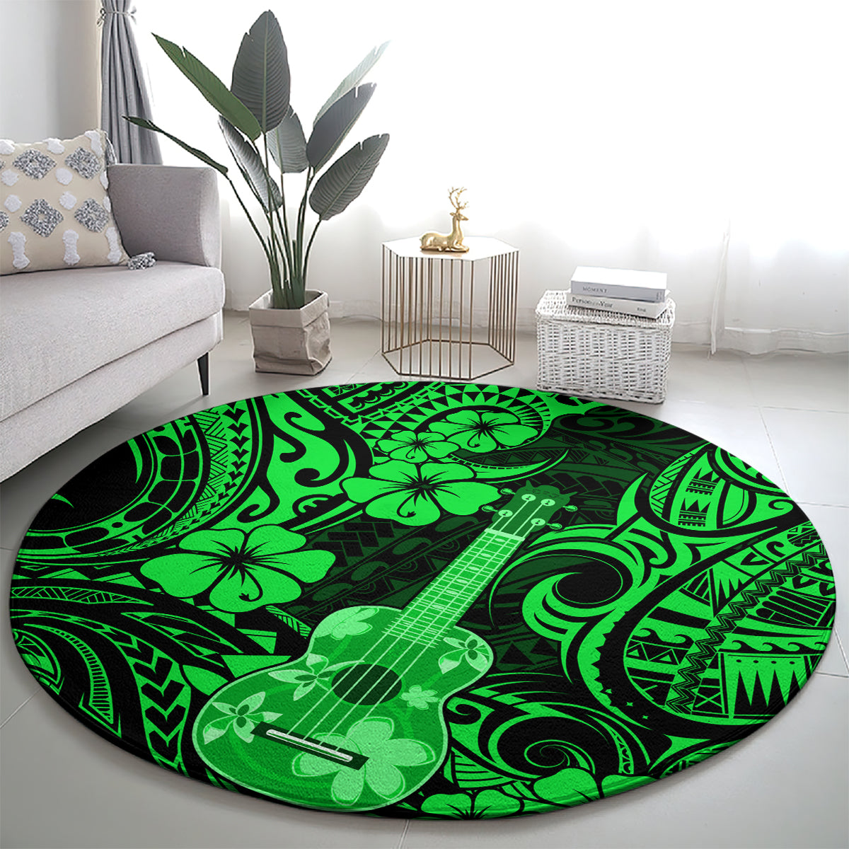 Green round Polynesian ukulele carpet with floral hibiscus and geometric wave motifs