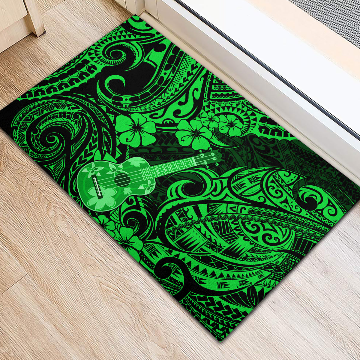 Green polynesian-pattern rubber doormat with ukulele and clover icons, rectangular