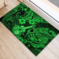 Green polynesian-pattern rubber doormat with ukulele and clover icons, rectangular