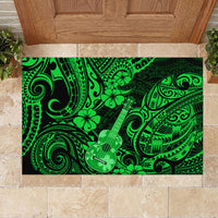 Green polynesian ukulele doormat with bold tribal swirls and floral clover accents, rectangle