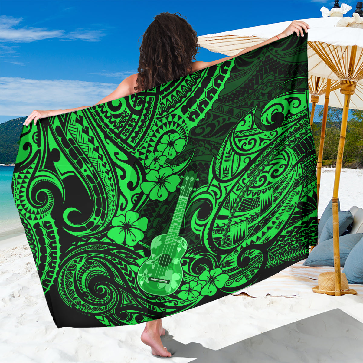 hawaii-ukulele-sarong-polynesian-pattern-green-version