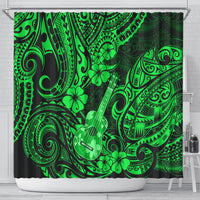 Green polynesian shower curtain featuring ukulele, hibiscus flowers, and ornate swirls