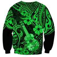 Unisex sweatshirt, neon green Polynesian swirl pattern with ukulele graphic
