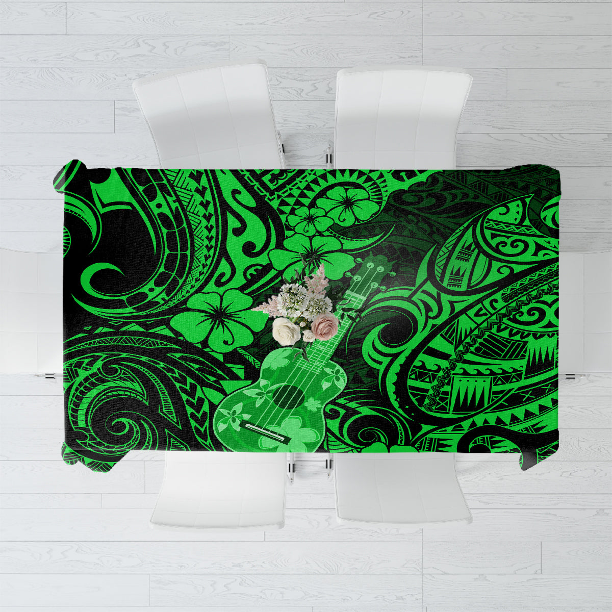 Green Polynesian-pattern tablecloth with black accents and hibiscus and ukulele motif