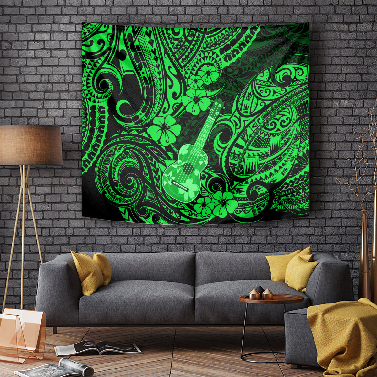 Green Polynesian tapestry with ukulele and swirling pattern, centered on living room wall.