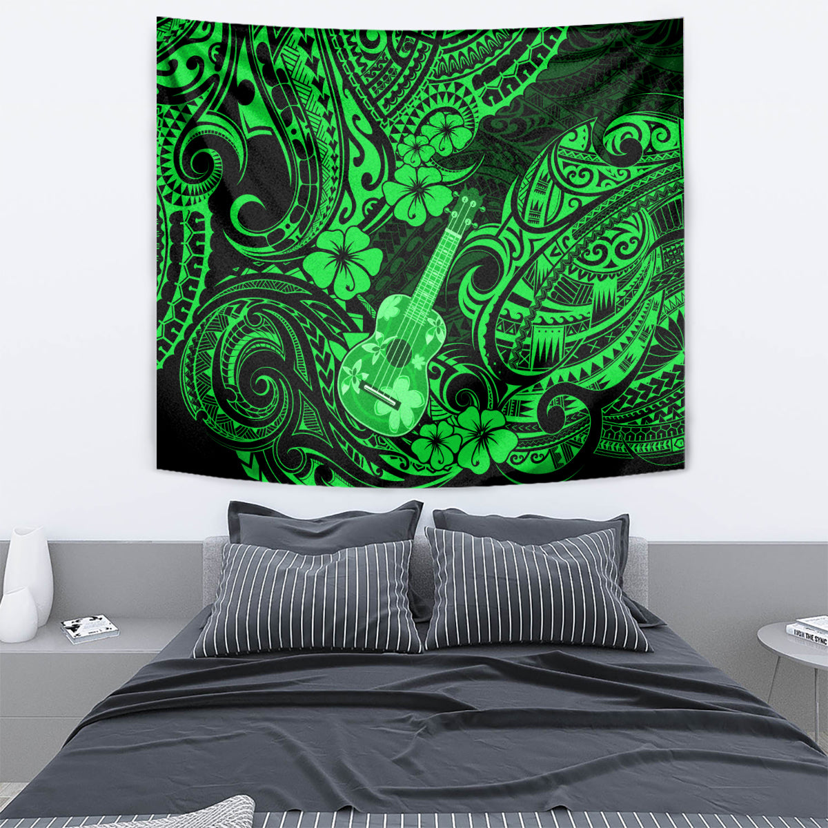 Green Polynesian wall tapestry featuring ukulele silhouette and clover swirl pattern.