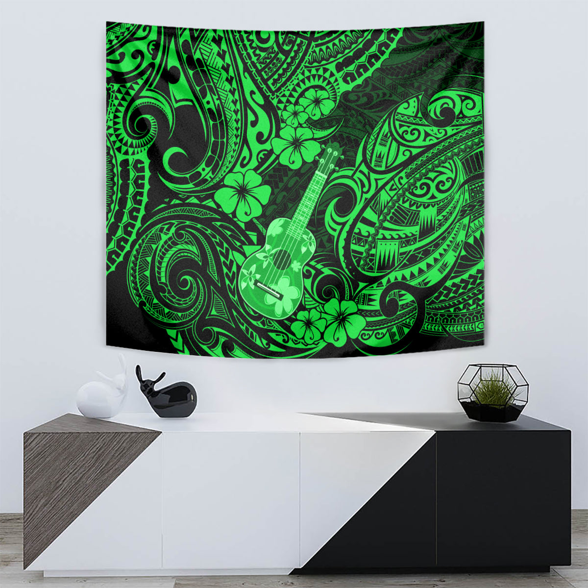 Green Polynesian tapestry with ukulele graphic and intricate tribal swirl motifs.