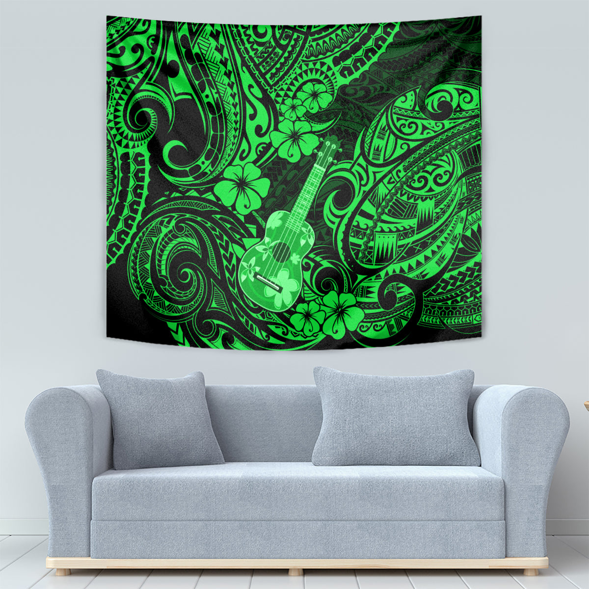 Green Polynesian wall tapestry with ukulele artwork and ornate circular tribal patterns.