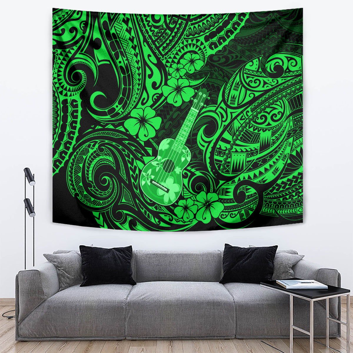 Green Polynesian tapestry with ukulele icon and bold leaf-and-scroll decorative design.