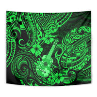 Square green Polynesian tapestry showing ukulele in center with tribal swirl and clover motifs.
