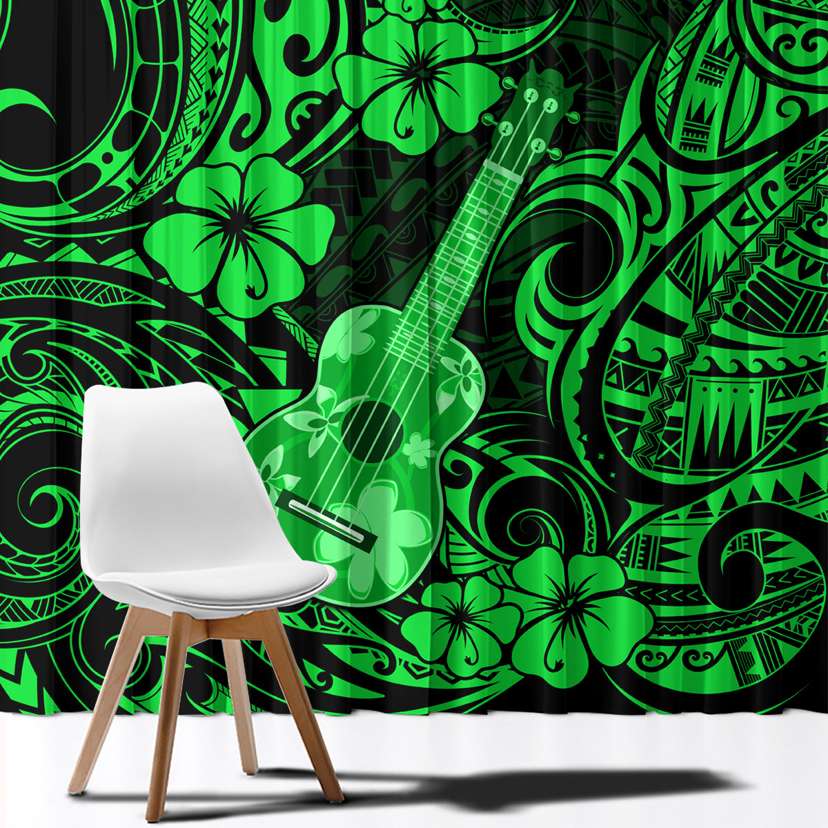 Green Polynesian guitar-themed window curtain with large hibiscus and swirls