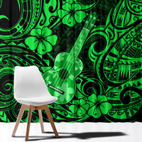 Green Polynesian guitar-themed window curtain with large hibiscus and swirls