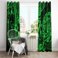 Green Polynesian pattern blackout-style curtains with matching rod tops