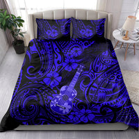 Navy blue bedding set with Polynesian ukulele and floral motifs, matching pillow covers