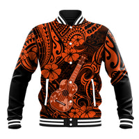 Orange Hawaiian baseball jacket with floral ukulele and tribal pattern, snap buttons and ribbed cuffs