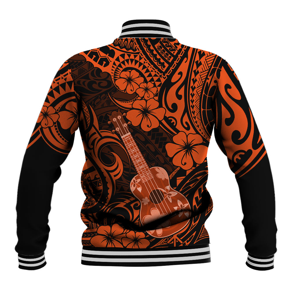 Orange Hawaiian baseball jacket back view with floral ukulele and tribal pattern, ribbed hem and cuffs