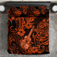 Orange/black Polynesian ukulele bedding set with floral tribal pattern, duvet close-up