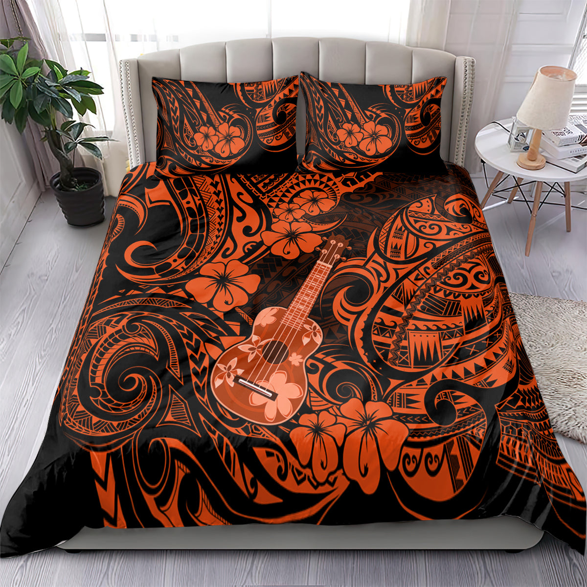 Orange/black Polynesian ukulele bedding set with two matching pillowcases, full bed view