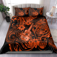 Orange/black Polynesian ukulele bedding set with two matching pillowcases, full bed view