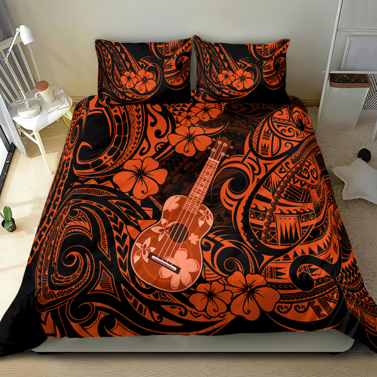 Orange/black Polynesian ukulele bedding set with ukulele motif, pillow and duvet