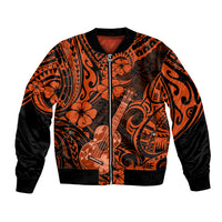 Orange unisex bomber jacket with zip front, black sleeves, Polynesian pattern and ukulele graphics