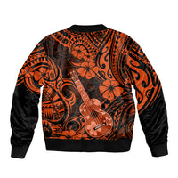 Orange unisex bomber jacket back, Polynesian pattern with ukulele and flower motifs, ribbed hem