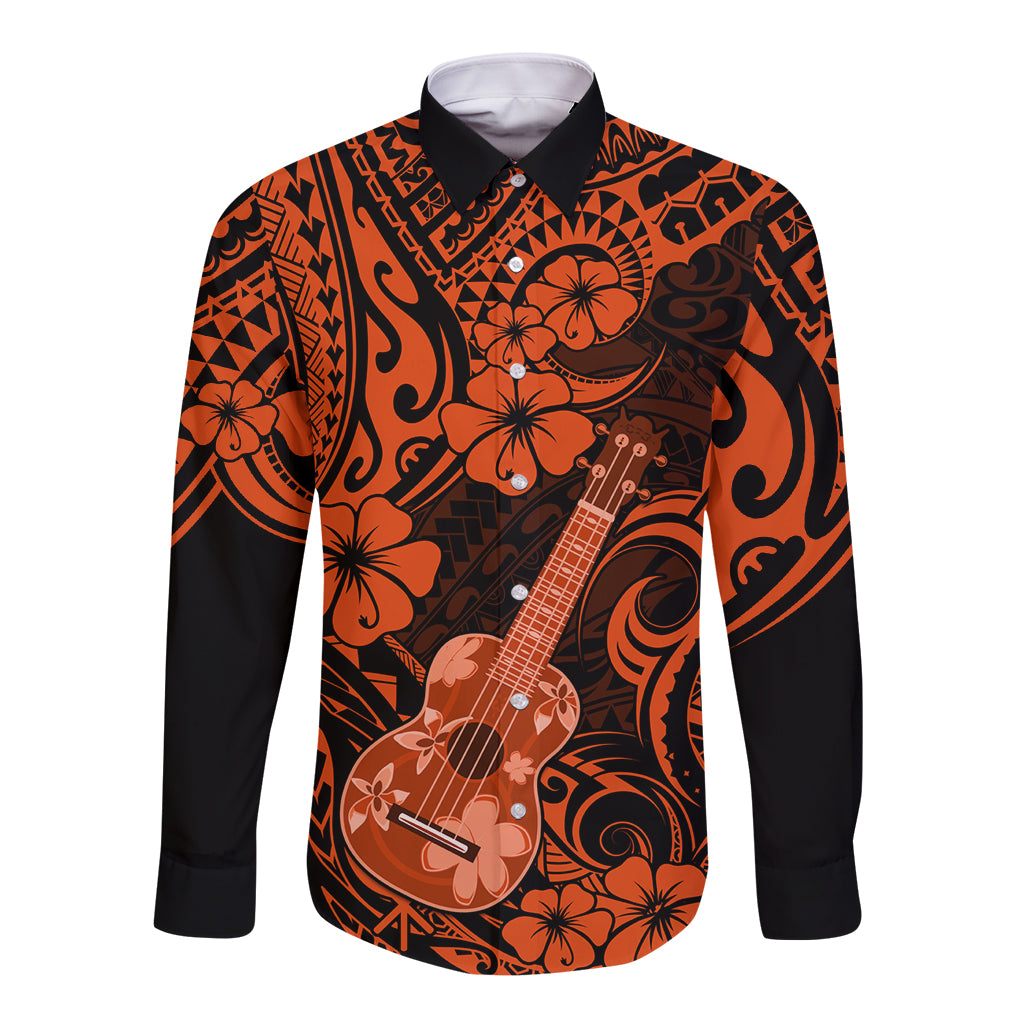 Orange and black long-sleeve button shirt with Polynesian guitar and hibiscus print, front view