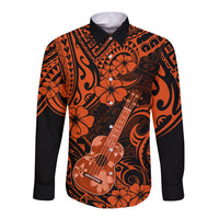 Orange and black long-sleeve button shirt with Polynesian guitar and hibiscus print, front view