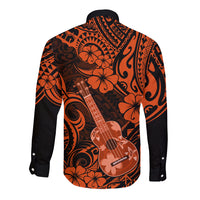 Orange and black long-sleeve button shirt with Polynesian guitar and hibiscus print, back view