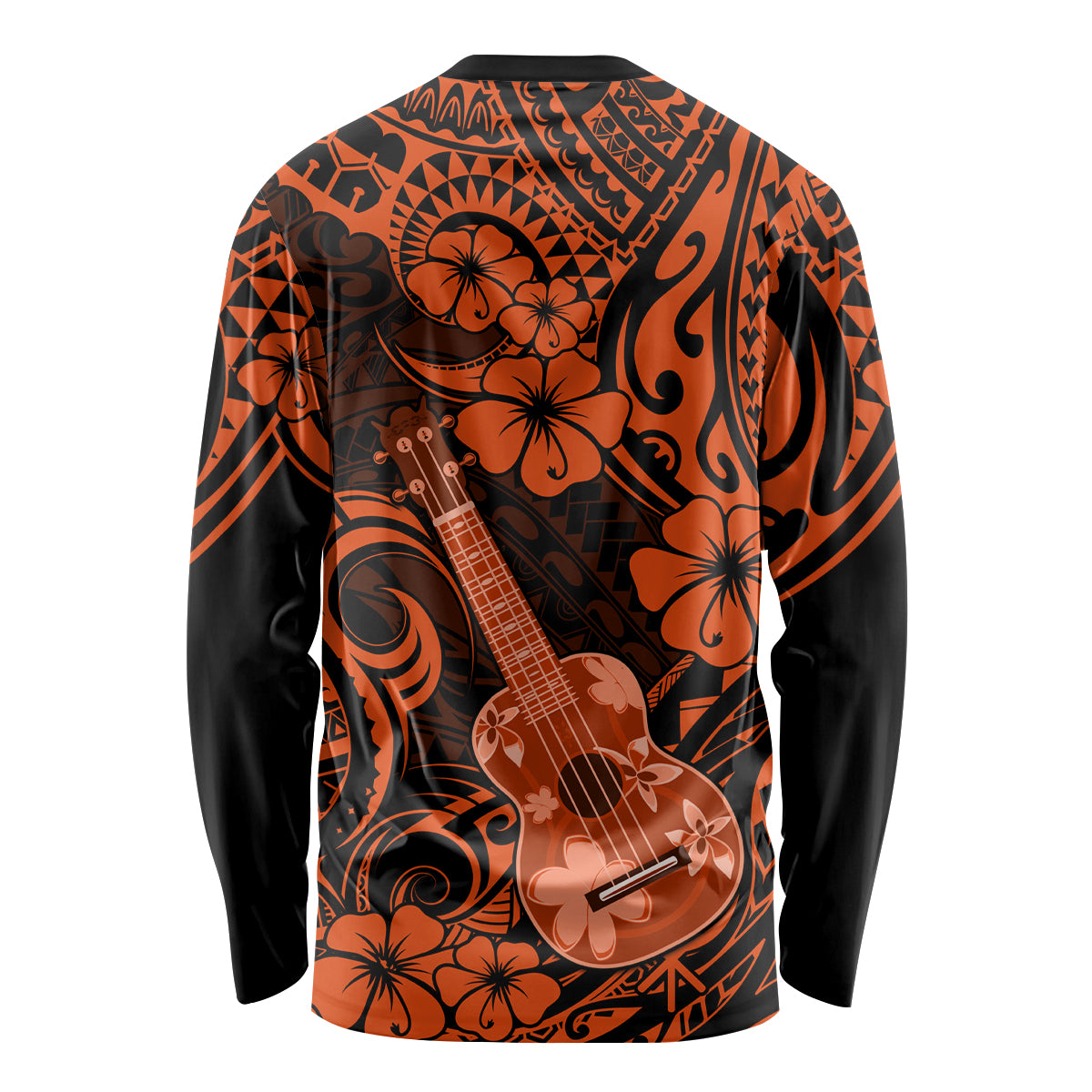 Unisex long-sleeve shirt, back view, orange and black ukulele Polynesian pattern