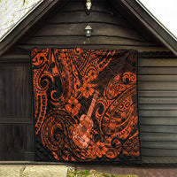 Hawaii ukulele quilt hanging on wall, orange-and-black Polynesian ukulele and scroll pattern