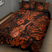 Orange and black quilt cover and pillow shams featuring ukulele and floral swirl pattern