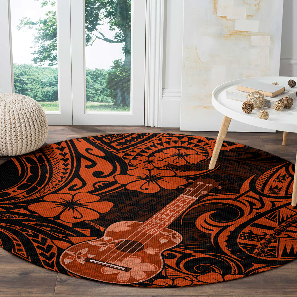 Round orange and black Polynesian pattern rug featuring ukulele and tribal shapes