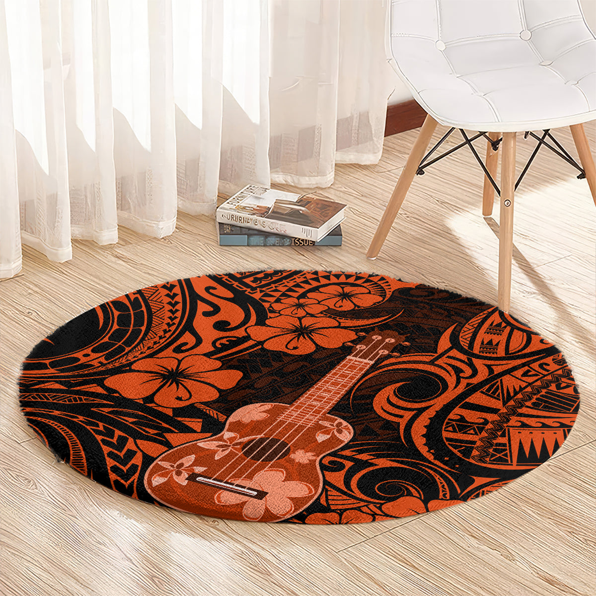 Round orange and black circular area rug with ukulele graphic and swirl accents
