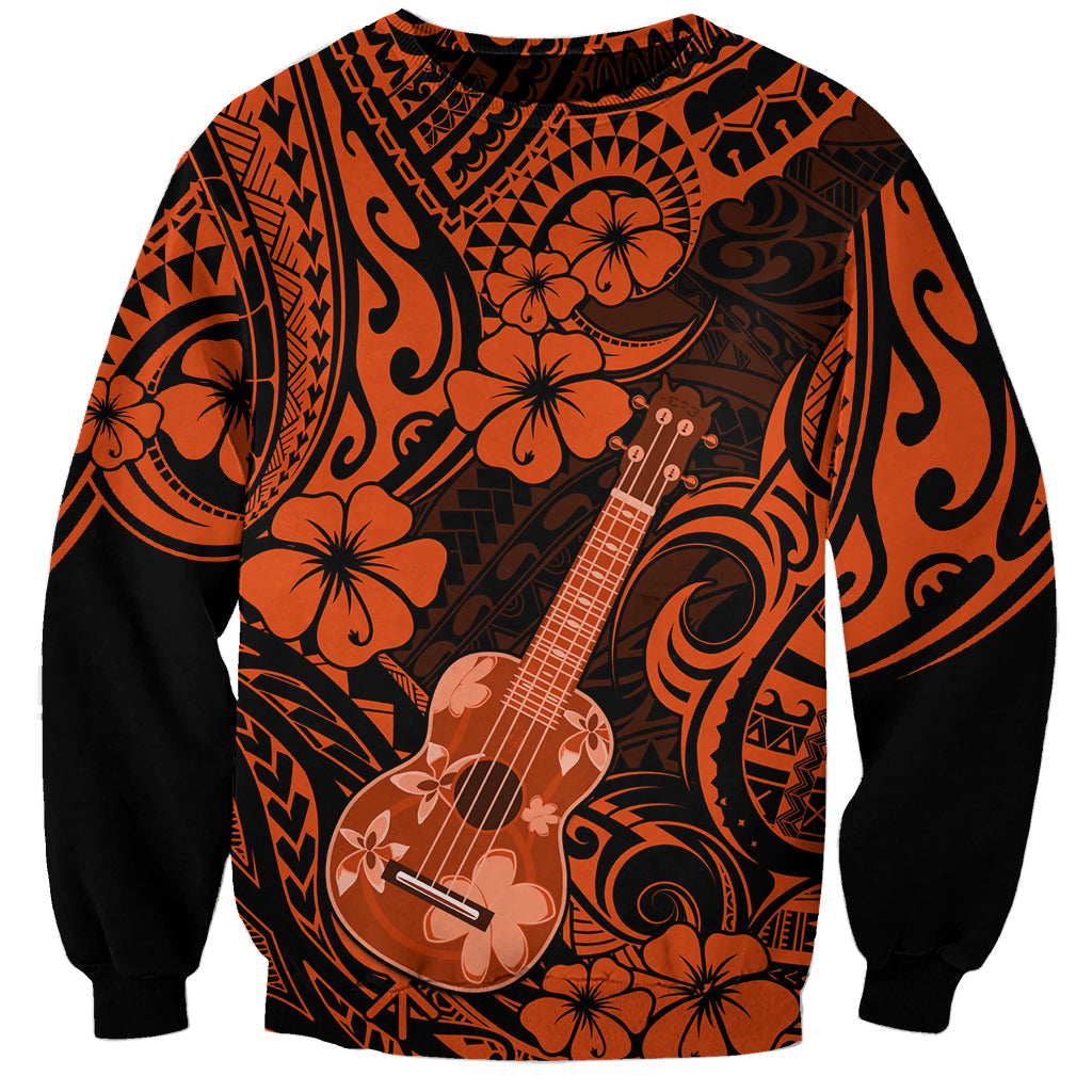 Unisex orange-and-black crewneck sweatshirt, centered ukulele graphic, Polynesian pattern