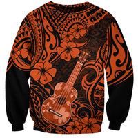 Unisex orange-and-black crewneck sweatshirt, centered ukulele graphic, Polynesian pattern
