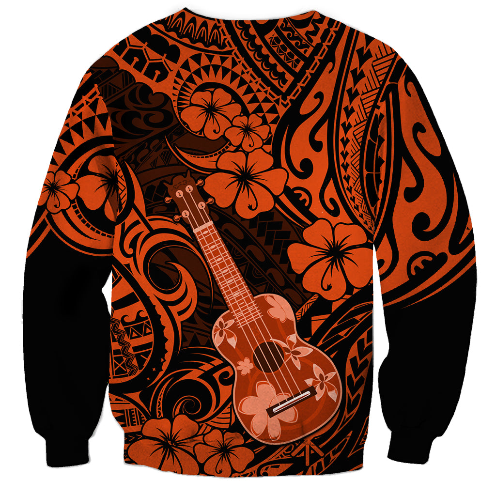 Unisex orange-and-black crewneck sweatshirt, ukulele graphic with swirling Polynesian motifs
