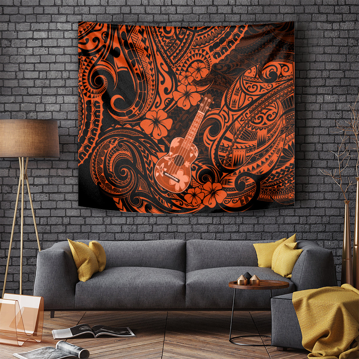 hawaii-ukulele-tapestry-polynesian-pattern-orange-version