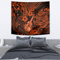 Orange and black Polynesian ukulele tapestry, full view with swirls and flowers