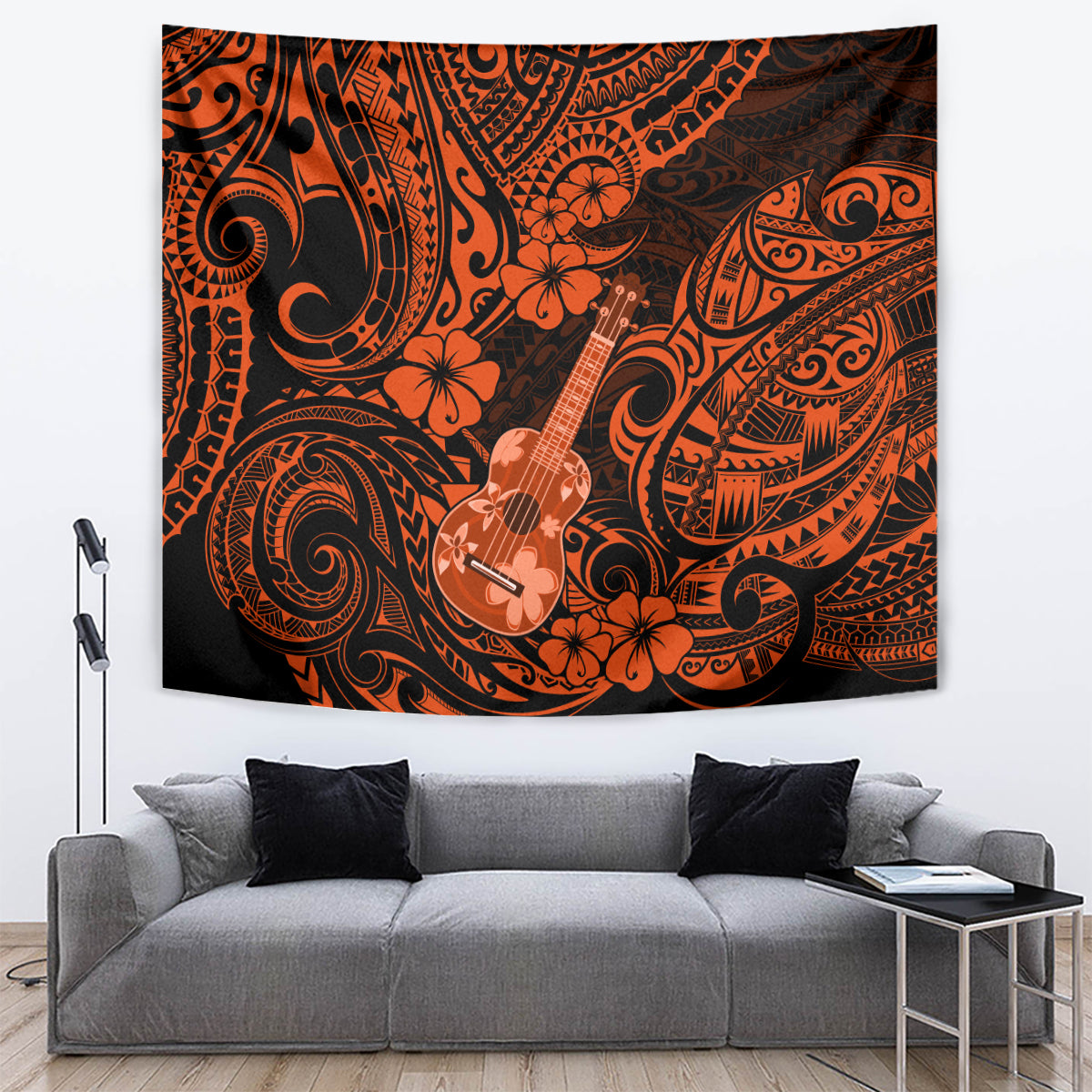 Orange Polynesian ukulele tapestry with floral and tribal swirl artwork