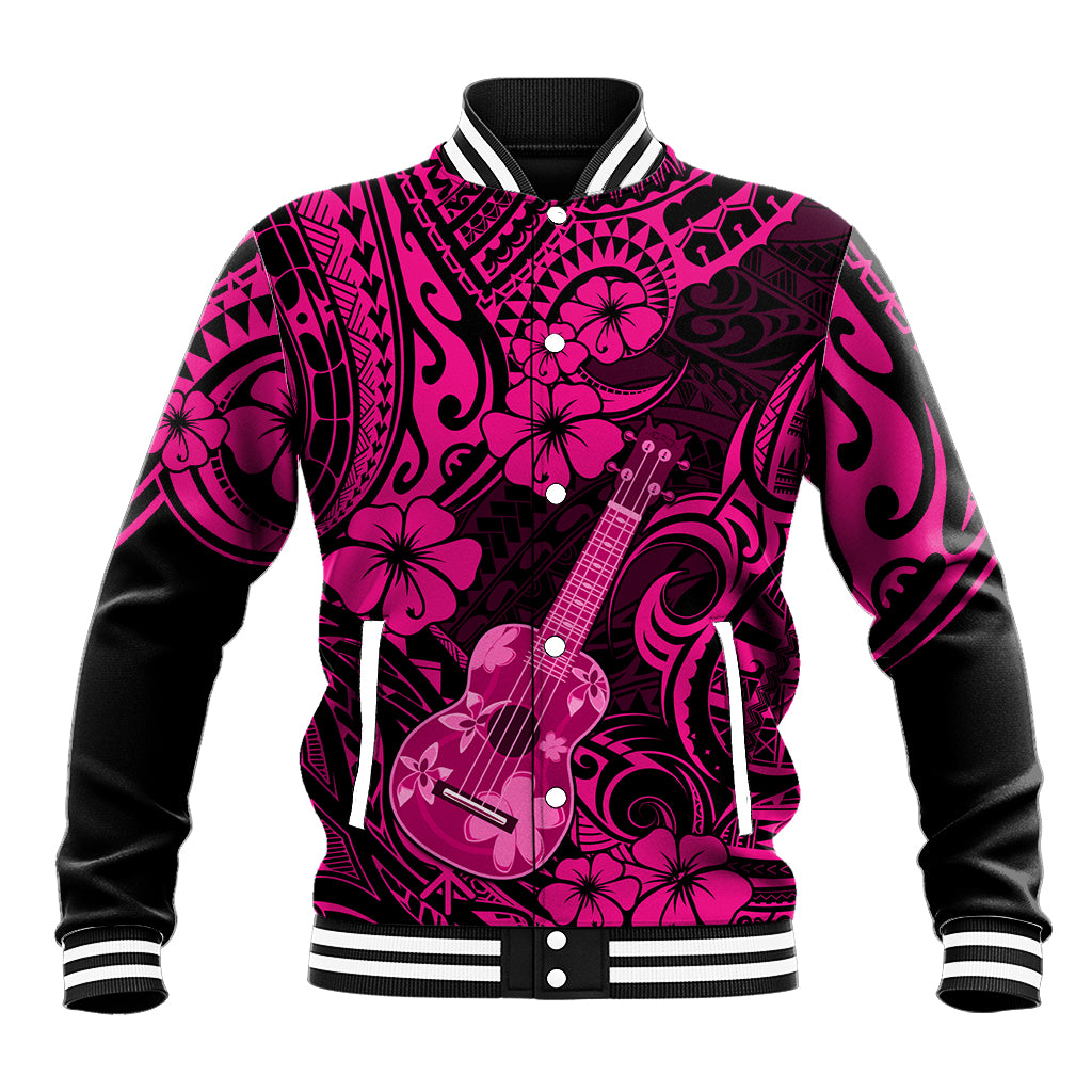 Pink and black varsity baseball jacket with tropical guitar/floral Polynesian print