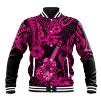 Pink and black varsity baseball jacket with tropical guitar/floral Polynesian print