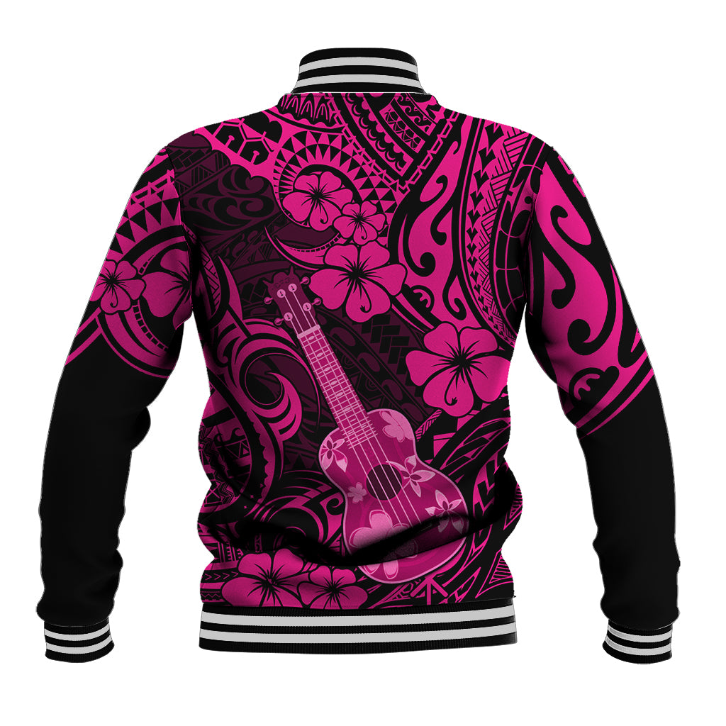 Pink and black varsity baseball jacket, back view with guitar and floral Polynesian print