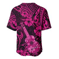 Pink and black ukulele-print baseball jersey, back view with full graphic pattern