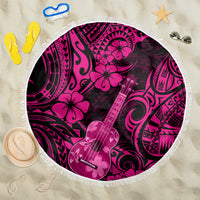 Round pink beach blanket with fringed edge, Hawaiian guitar and hibiscus pattern