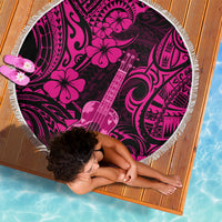 Round pink beach blanket with fringed edge, tropical guitar and swirl pattern