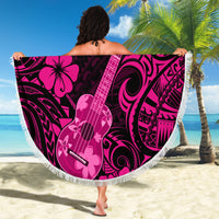 Round pink beach blanket with fringed edge, Hawaiian guitar and floral print design